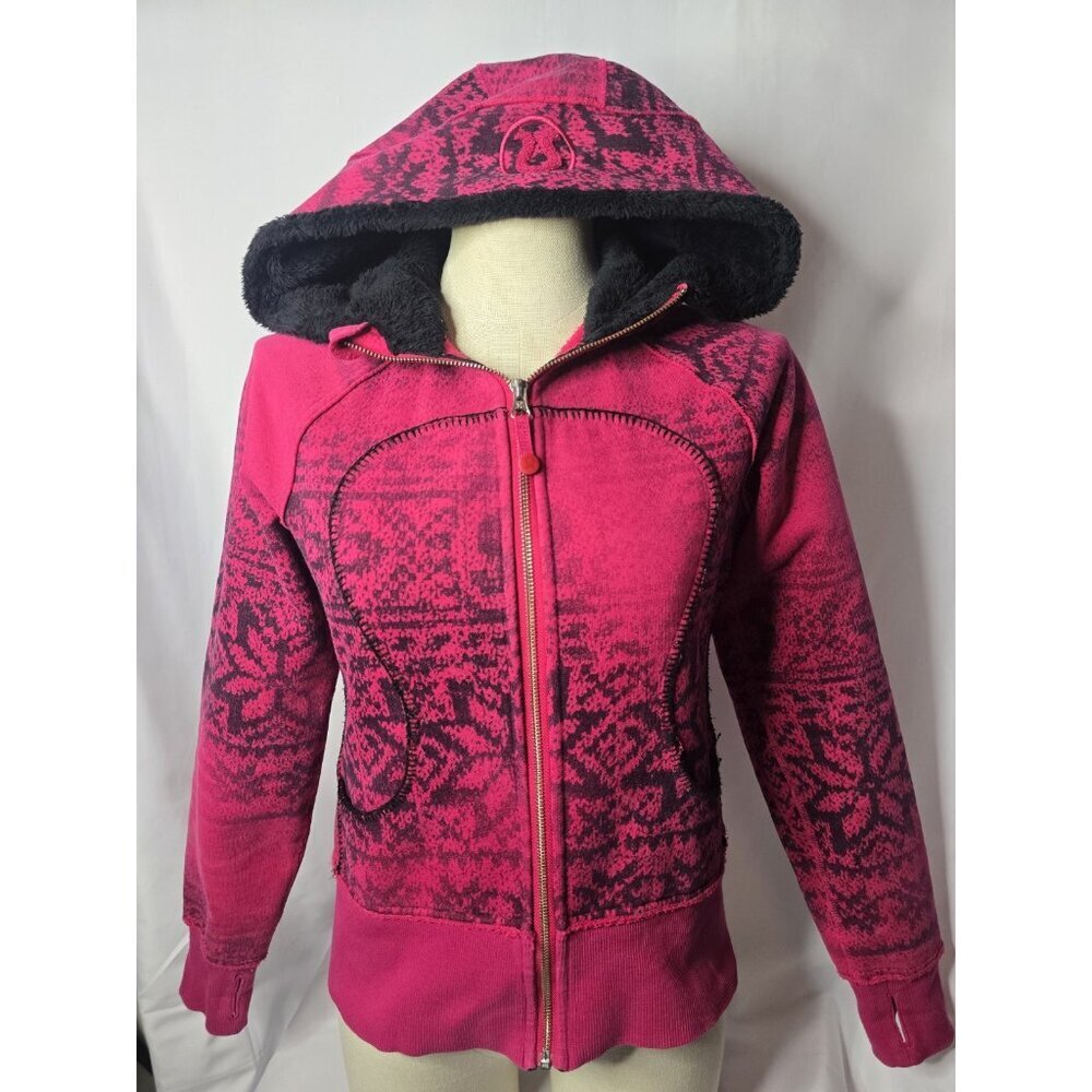 Lululemon Scuba Jacket Special Edition Pink Snowflake Fluffy Hood Full Zip Sz 4